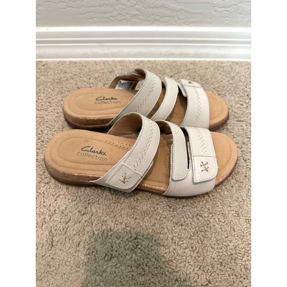 🆕 CLARKS | Roseville Bay White Leather Neutral Comfy Sandals | Women’s 10W - Picture 2 of 7